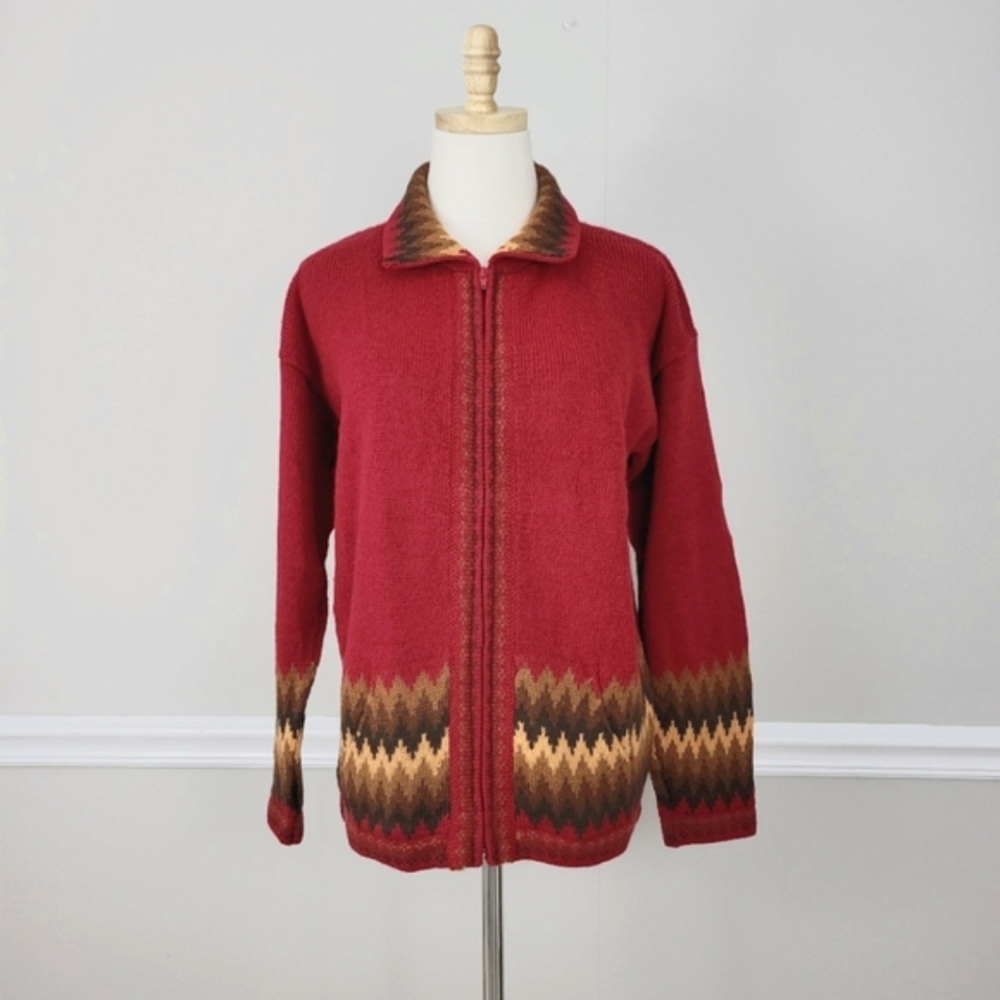 Peruvian Alpaca Red and Brown Zip Cardigan Pockets Sweater NWOT Size M/L